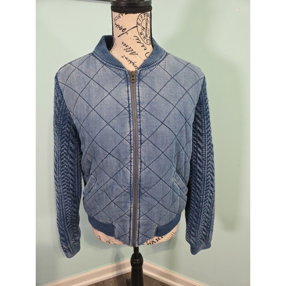 Anthropologie Cloth & Stone Jacket Quilted Chambray Bomber Knit Sleeve small